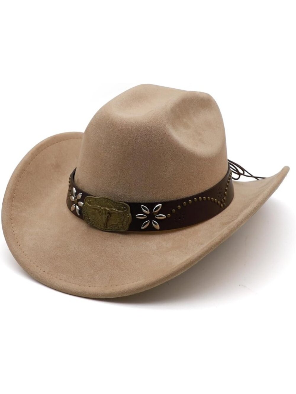 Unisex Camel Wide Brim Felt Fedora Buckle Belt Cowgirl Western Cowboy Hat